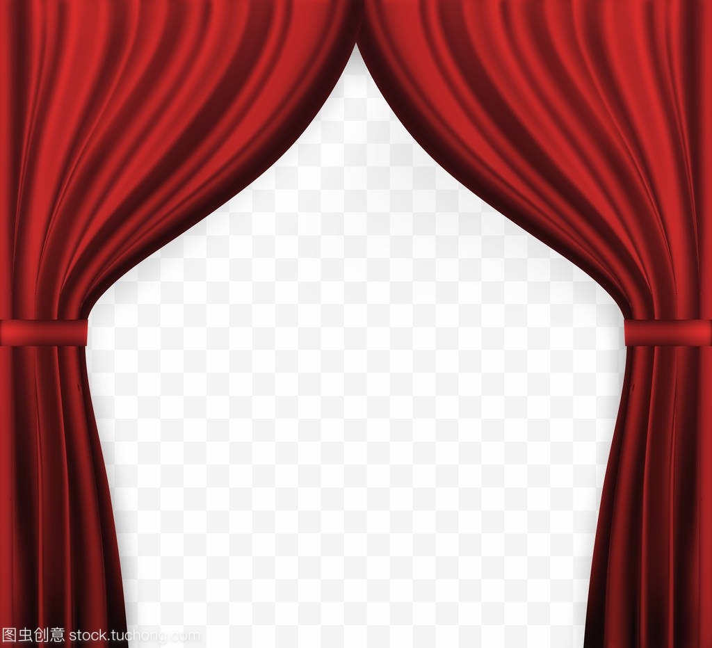窗帘的自然主义形象, 拉开窗帘的红色透明底色。矢量插图